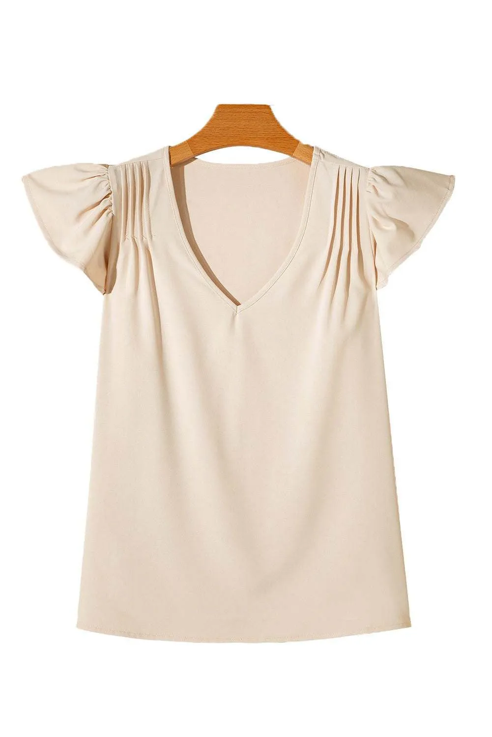 White Pleated V Neck Ruffle Shoulder Sleeveless Blouse