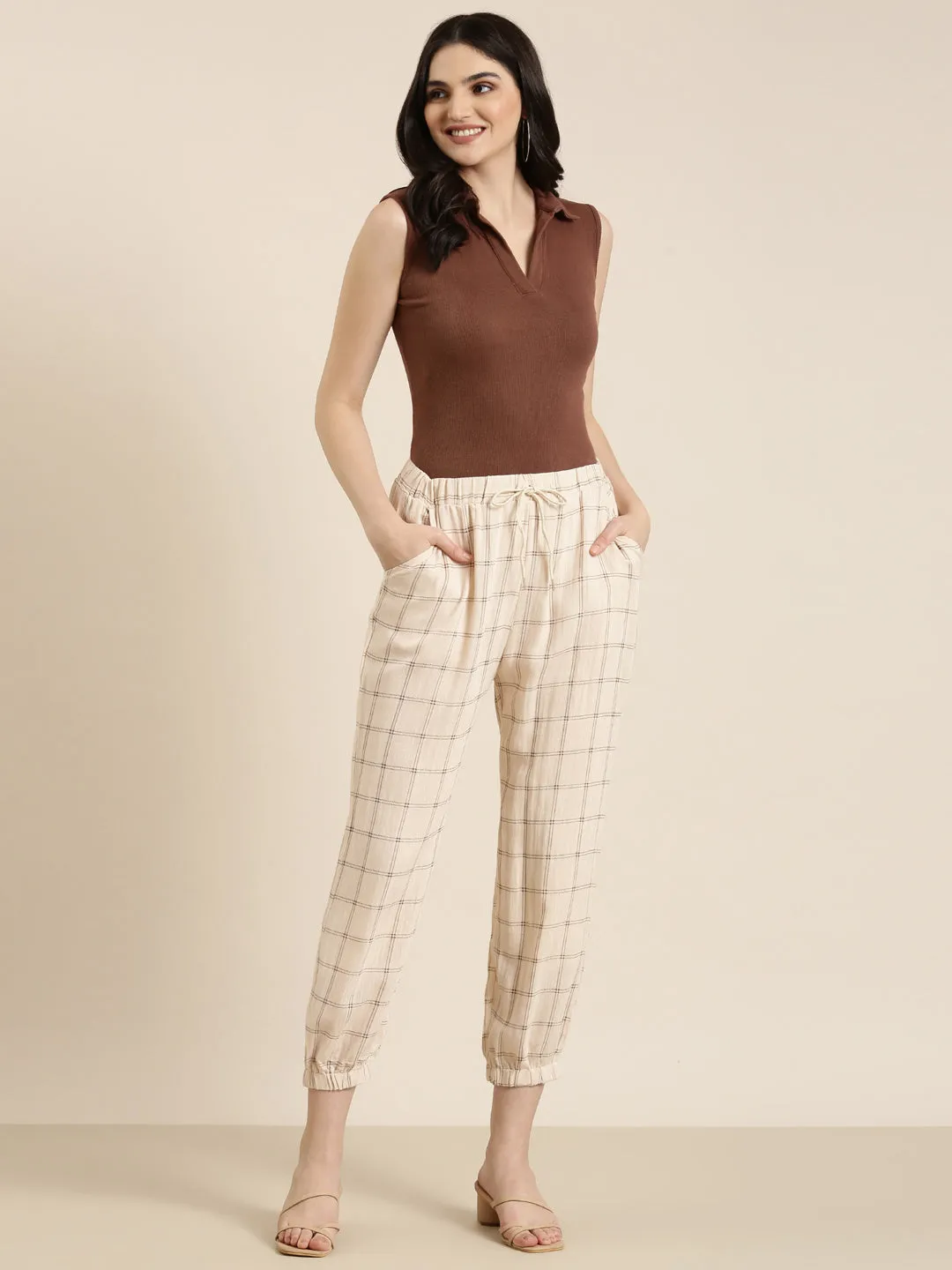 Women Cream Checked Culottes