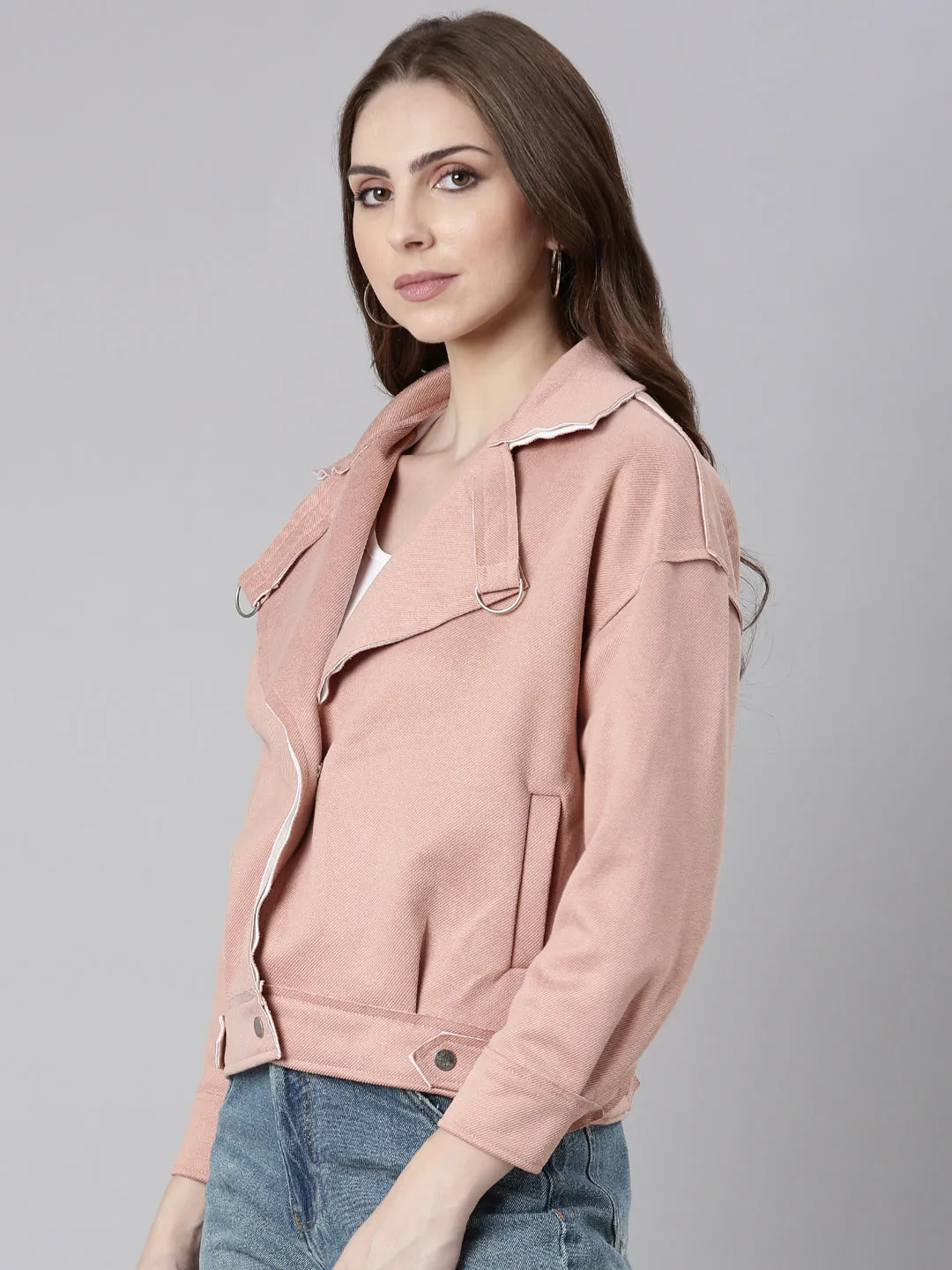 Women Peach Solid Open Front Jacket