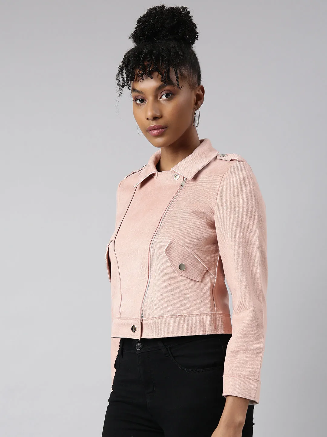 Women Solid Peach Biker Jacket