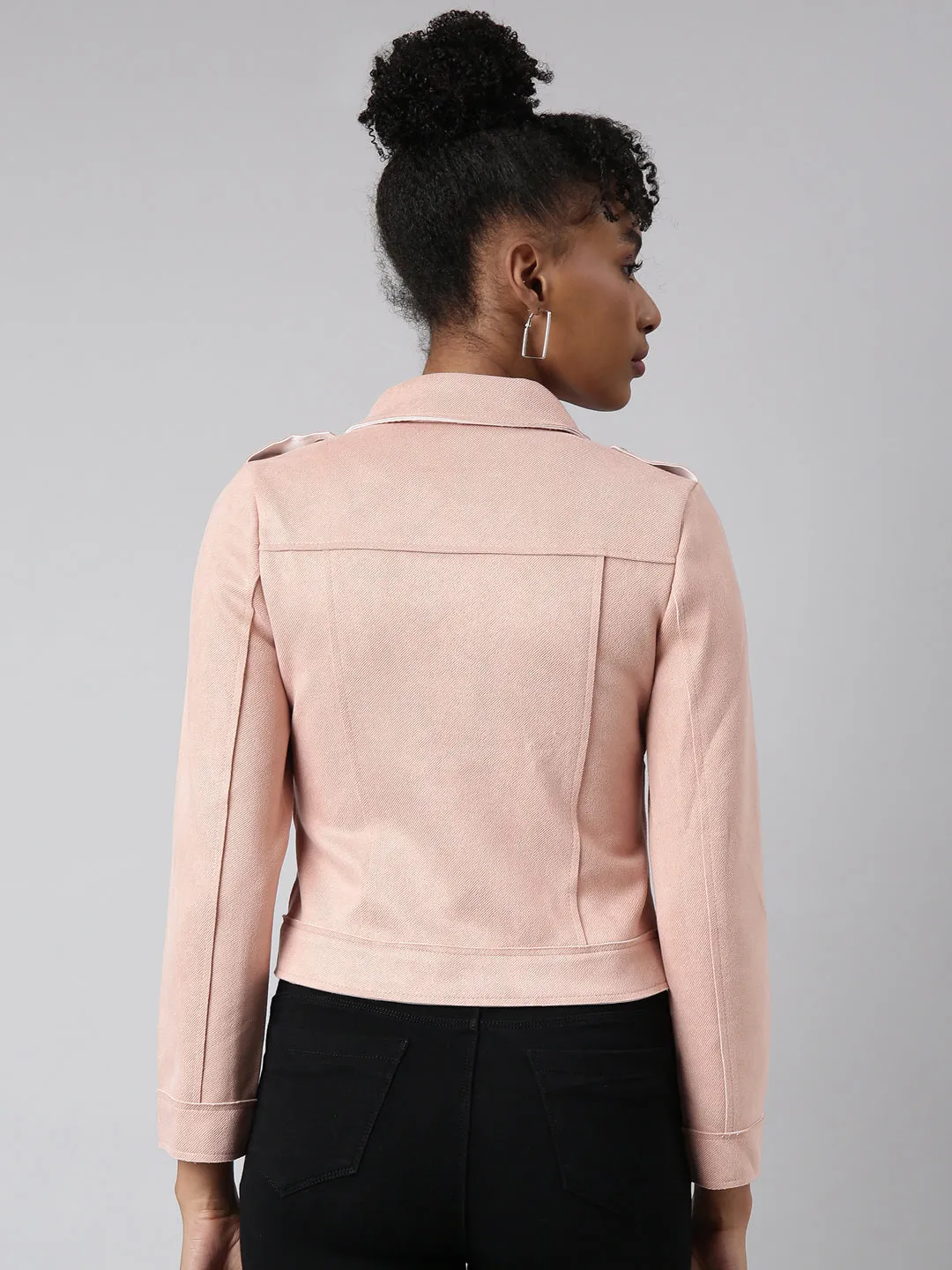 Women Solid Peach Biker Jacket