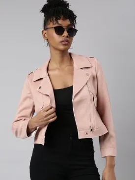 Women Solid Peach Biker Jacket