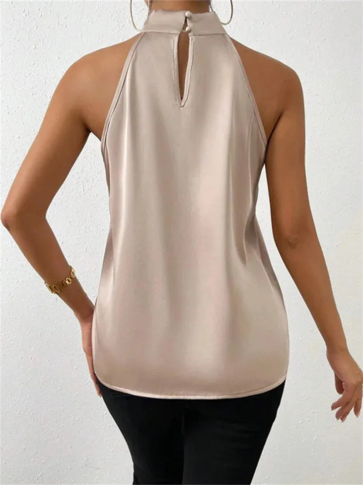 Womens Casual Sleeveless Stand Collar Elegant Top