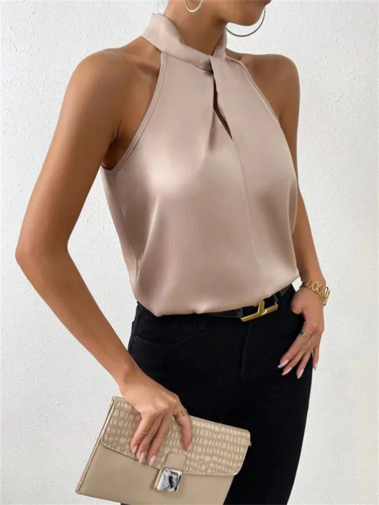 Womens Casual Sleeveless Stand Collar Elegant Top