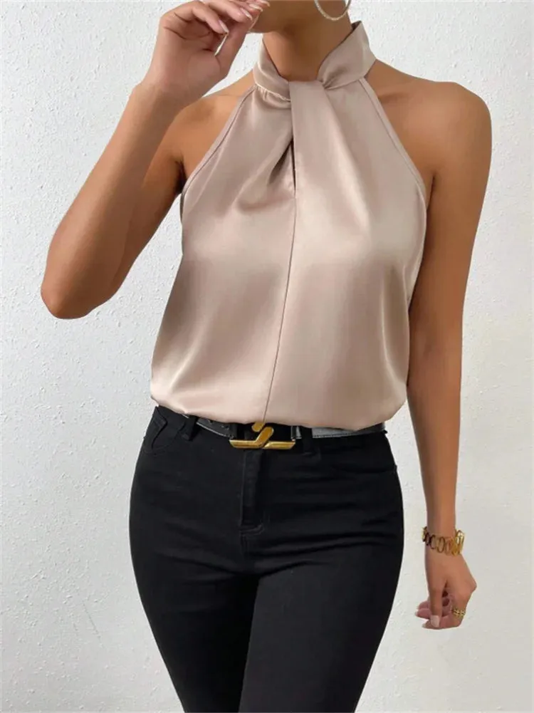 Womens Casual Sleeveless Stand Collar Elegant Top