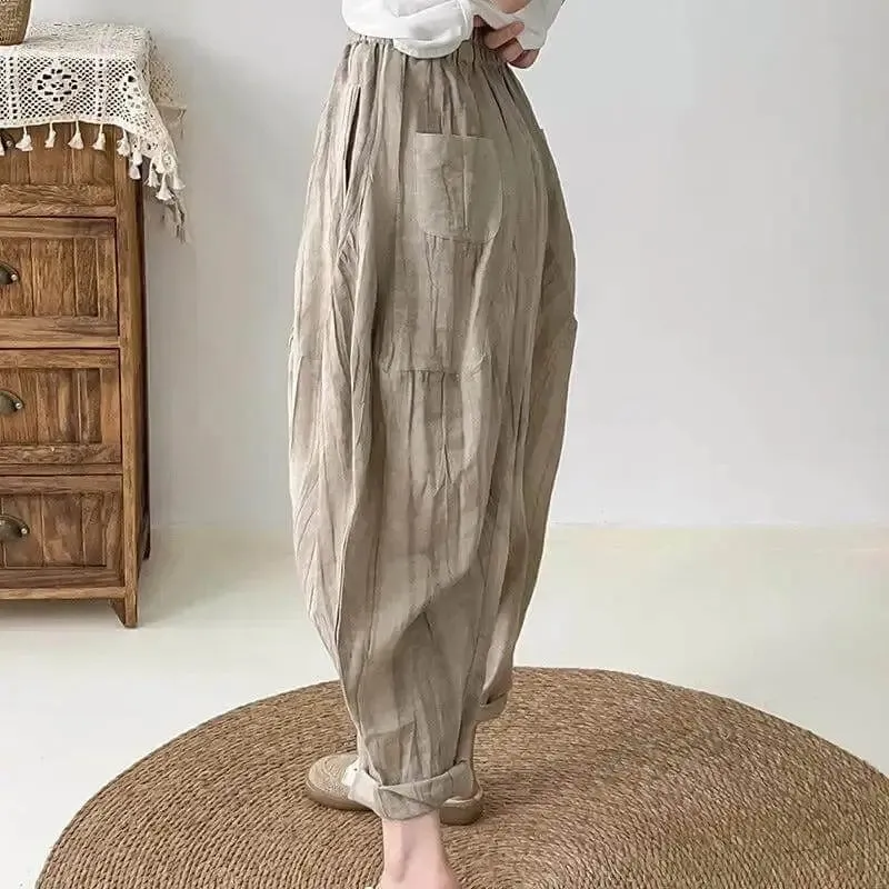 Women's Loose Fit Pants - Elastic Waist Linen Harem Pants with Pockets