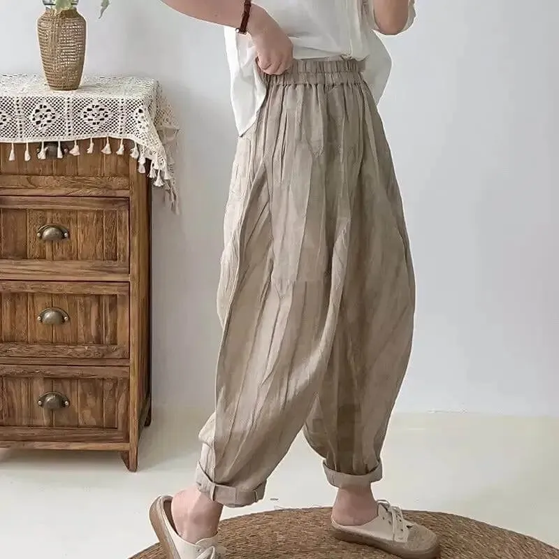 Women's Loose Fit Pants - Elastic Waist Linen Harem Pants with Pockets