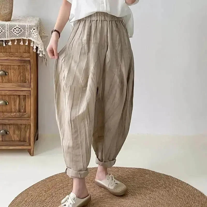 Women's Loose Fit Pants - Elastic Waist Linen Harem Pants with Pockets