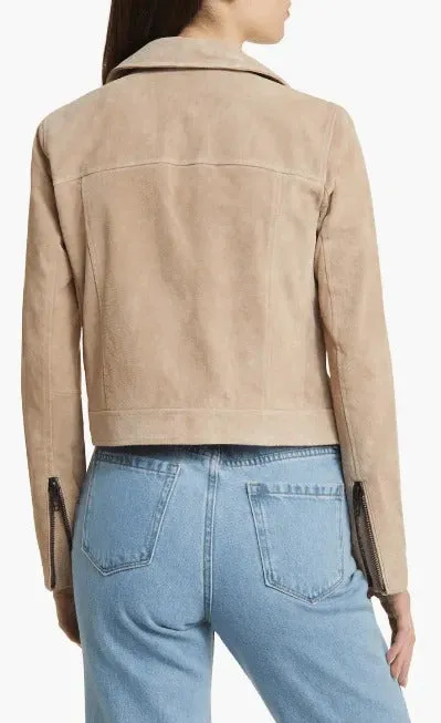 Women's Tan Beige Suede Biker Leather Jacket